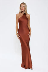 Cinnamon Glaze Halter Satin Maxi Dress Brown